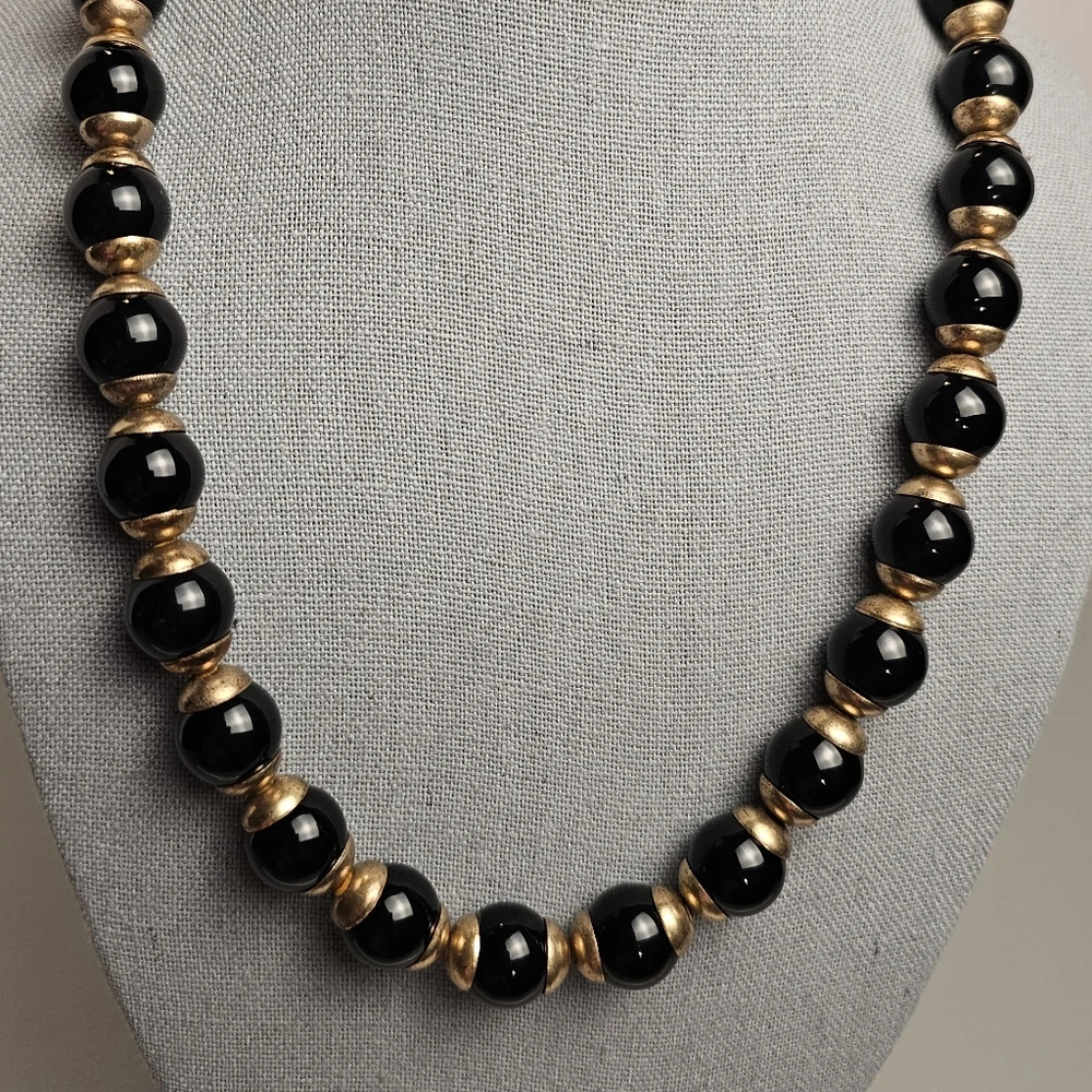 [J. CREW] Black & Gold ○● Beaded Statement Necklace with Cloth Tie